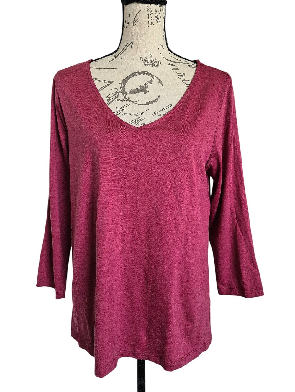Wool& Brenton Merino Wool V-Neck Long Sleeve Tee Berry Red Pink L Travel